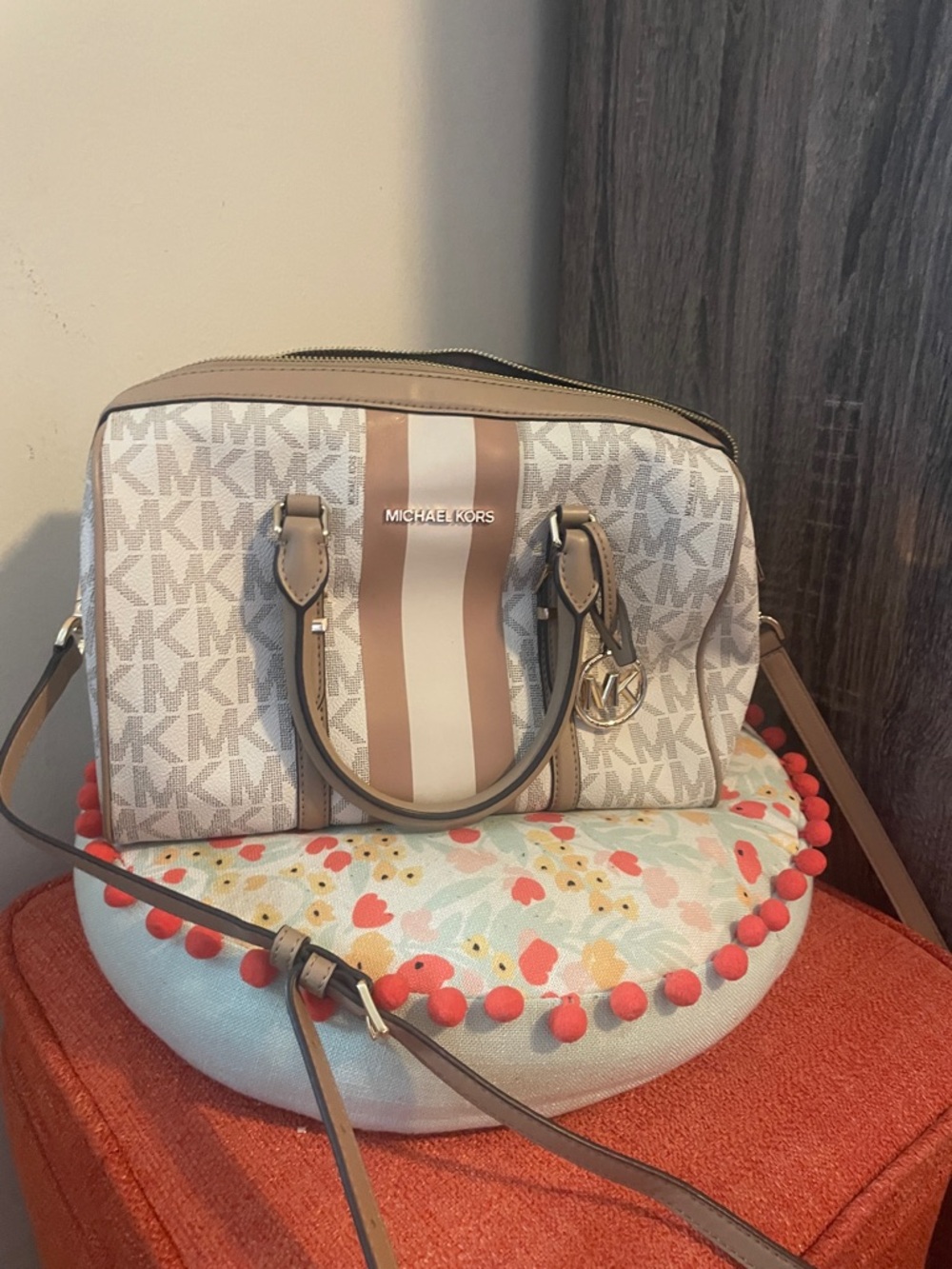 Michael Kors Beige and Tan Signature Stripe Satchel